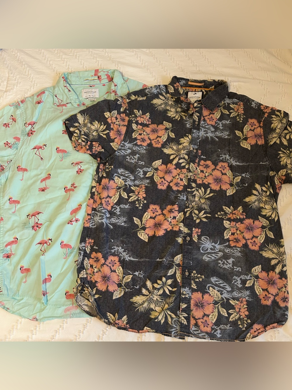 Denim & Flower Men’s Slim Fit Short Sleeve Shirts Floral Flamingo Lot Of 2 L